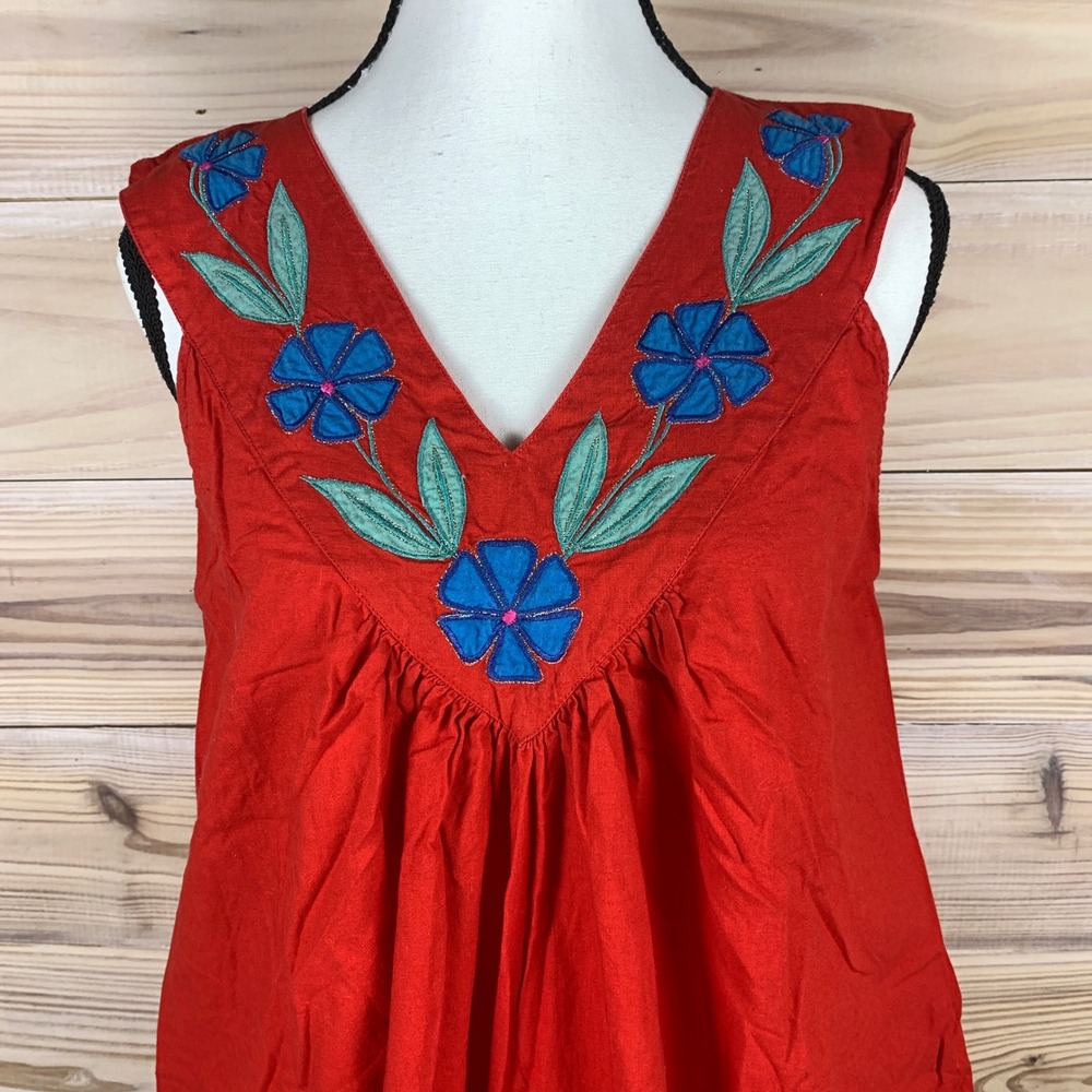 La Cera Midi Dress Women M Red Floral Embroidered Cotton Sleeveless Pocket - Picture 2 of 10